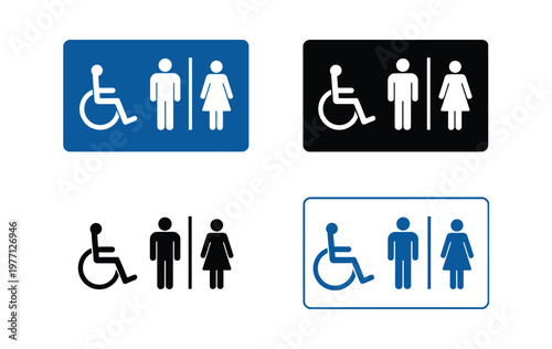 Restroom signage depicting accessibility for all genders in color and monochrome