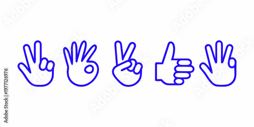 Five blue line drawings depicting different hand gestures and signs