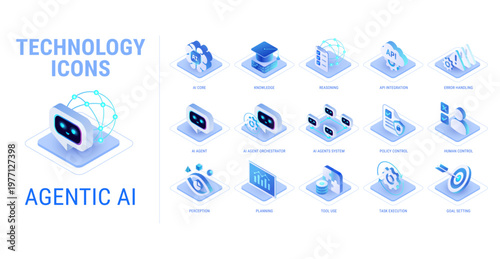 Technology Agentic AI icons set isolated on white background - AI agent system, API integration, orchestration, network, ai system, tools, memory - high quality isometric vector	