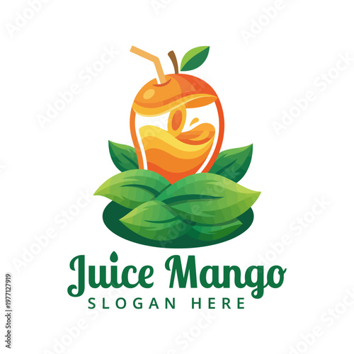 This logo features a vibrant mango within a glass, surrounded by lush green leaves, capturing the essence of freshness and fruity delight for a juice brand.