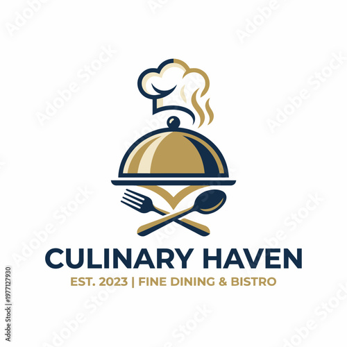 This sophisticated logo represents Culinary Haven, featuring a chef hat and a cloche, symbolizing fine dining experiences and gourmet culinary art in a chic manner.