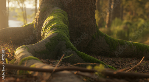 Large tree roots with vibrant green moss on the forest floor during a warm golden hour sunset