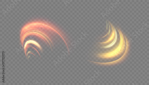 Glowing golden and orange curved light swooshes isolated on transparent background with layered luminous arcs, soft radiant blur and smooth dynamic motion. Vector illustration.
