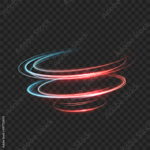 Neon spiral vortex with red and cyan glowing rings, isolated on transparent background. Vector light funnel effect.
