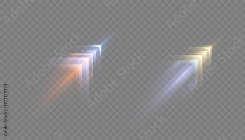 Glowing diagonal arrow icons with soft pastel gradient, motion blur and luminous trail, isolated on transparent background. Vector direction symbols for interface, navigation