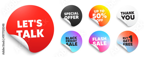 Lets talk red sticker tag. Special offer paper price tags. Lets talk tag. Connect offer sign. Conversation symbol. Discount, black friday sticker. Promo banner. Vector