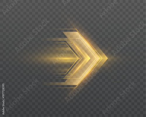 Glowing golden chevron arrow with motion blur and speed trail, isolated on transparent background. Vector directional interface symbol for navigation, progress and digital UI design.