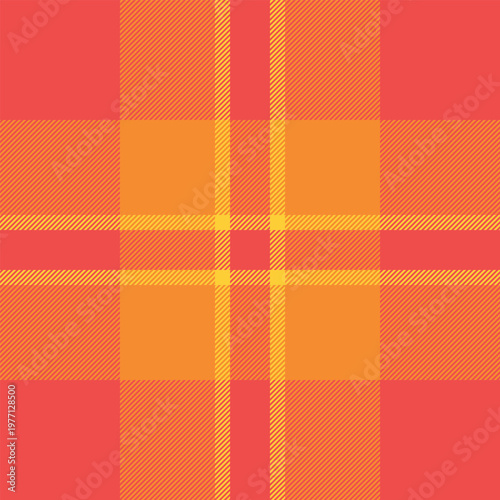 Fibrous fabric texture vector, simplicity seamless pattern background. Equal plaid textile tartan check in red and orange colors.