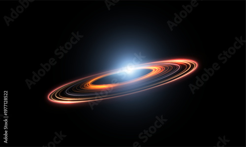 Glowing accretion disk with bright blue core and orange elliptical orbit on black background. Vector cosmic light effect for black hole, galaxy and sci-fi design.