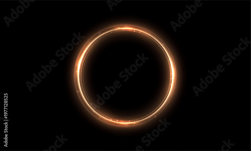 Glowing golden light ring with bright circular outline, fiery edge and soft halo on black background. Vector luminous circle effect isolated on dark.