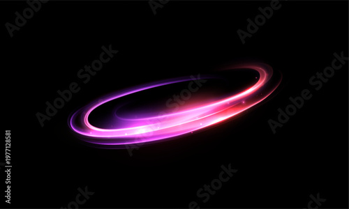 Abstract light effect of glowing lines, a bright swirl moving in a circle. Black background. Light flow speed effect. Vector.