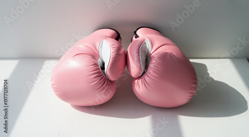 Pair of pink leather boxing gloves positioned on a white surface with strong sunlight shadows