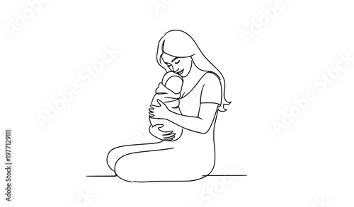 Minimalist mother and baby line art vector illustration with loving parent and newborn bonding concept