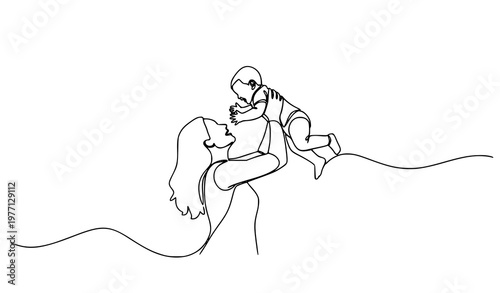 Continuous one line mother lifting baby vector illustration with emotional parenting and family love concept