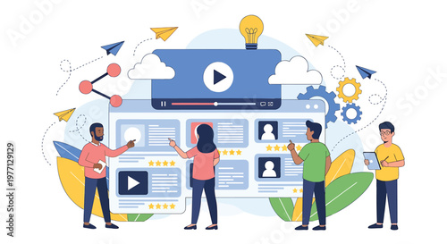 Video, production, team, collaboration, workflow, animation, graphics, colorful, flat, illustration, people, creative, brainstorming, video editing, content creation