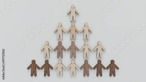 Pyramid of wooden human figurines with diverse skin tones arranged in a social hierarchy concept