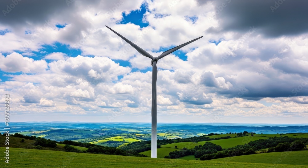 Obraz premium Wind Turbine on Green Hill Landscape Under Cloudy Sky Renewable Energy