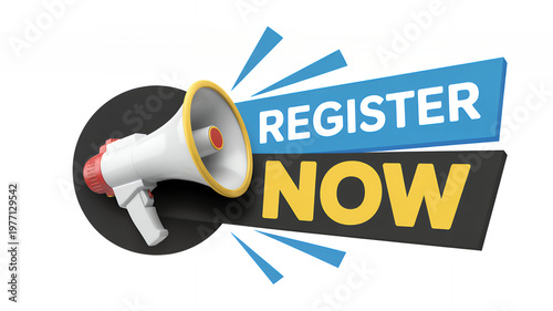 Register now announcement sign with a white and yellow megaphone on a transparent background