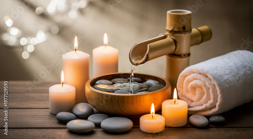 Relaxing spa scene featuring a bamboo water feature, smooth grey stones, and lit candles