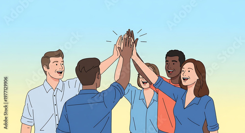 A Diverse Group of Colleagues Celebrating Success with a High-Five, Symbolizing Teamwork and Achievement