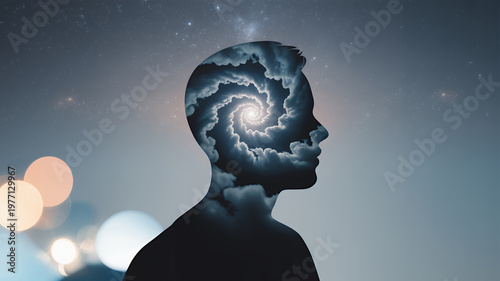 Silhouette of a man with a spiral cloud galaxy inside his head against a starry night sky background