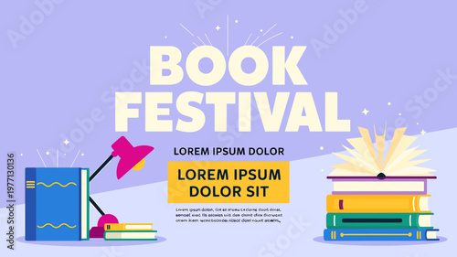 Book festival poster with colorful books and lamp on purple background
