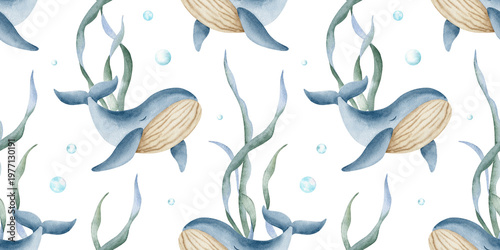 Photography Whale seaweed, bubbles watercolor hand drawn kids ocean seamless pattern