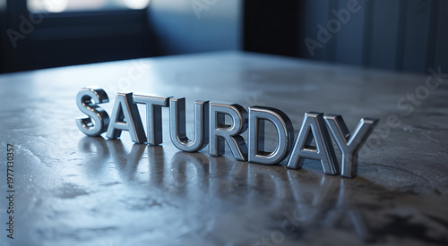 Silver chrome letters spelling saturday placed on a dark textured table with soft ambient lighting