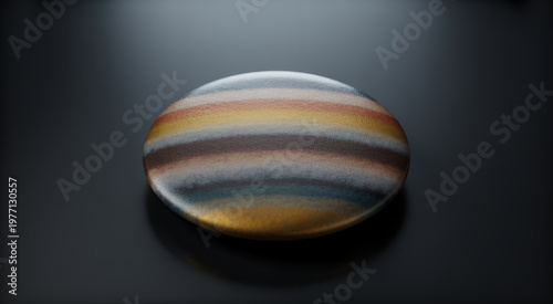 Smooth round with horizontal multi colored bands resting on a dark matte surface background
