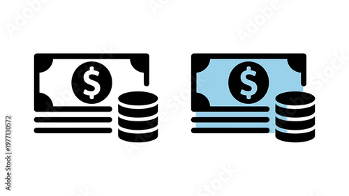 Cash and coins money icons