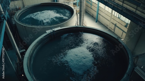 Elevated view of large concrete tanks inside an industrial wastewater treatment facility, actively processing and aerating urban sewage for purification and environmental protection