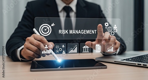 Businessman Interacting with Risk Management Virtual Screen.