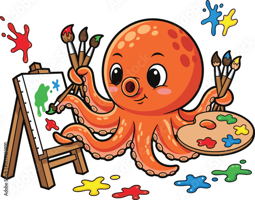Cute octopus artist cartoon painting on easel with brushes palette and colorful paint splashes fun creative character isolated on white background