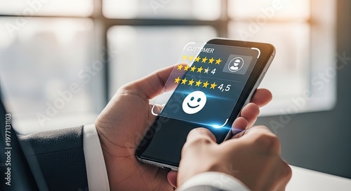 Customer experience concept with smartphone showing satisfaction rating.