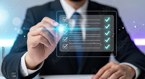 Businessman Interacting with Digital Checklist on Virtual Screen.