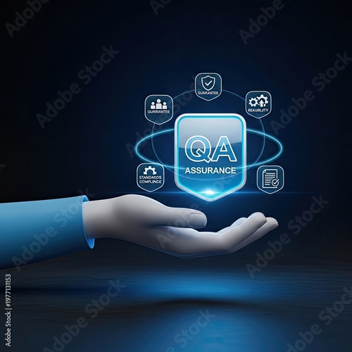 Quality Assurance Concept with Hand Holding QA Shield and Related Icons.