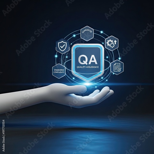 Quality Assurance Concept with Hand Holding QA Icon and Related Symbols.