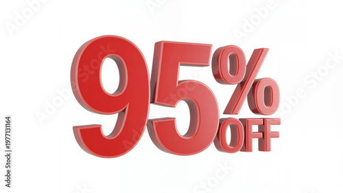 Three dimensional red text showing 95 percent off discount isolated on a plain white background