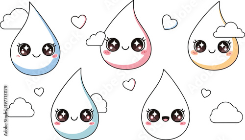 Cute pastel water drop kawaii cartoon set with sweet smiling faces clouds and hearts soft aesthetic characters isolated on white background