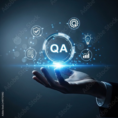Quality Assurance Concept with Hand Holding QA Icon and Digital Interface.