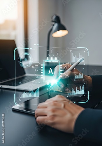 Businessman working with AI technology on a tablet.