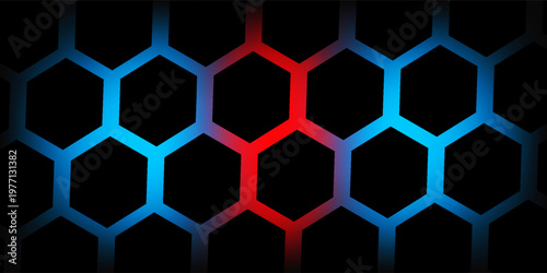 Abstract dark hexagon pattern on red neon background technology style. Modern futuristic geometric shape web banner design. You can use for cover template, poster, flyer, print ad. Vector illustration