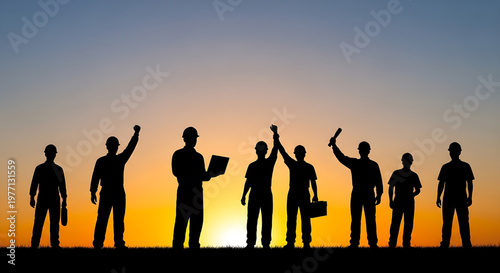 Silhouettes of a triumphant diverse business team celebrating success and achievement with raised arms against a dramatic sunset sky, symbolizing collaboration and victory in corporate goals