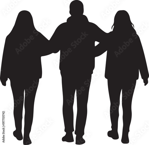 Silhouette of a man walking with two women linked by arms