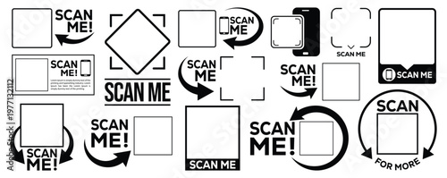 Collection of minimalist black and white scan me QR code frames, labels and icons with arrows, speech bubbles and smartphone symbols. Modern UI elements for marketing.