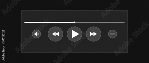 Music media player interface buttons, Glass audio video buttons, Playlist tracker interface icons, Player screen with icons and music playback bar