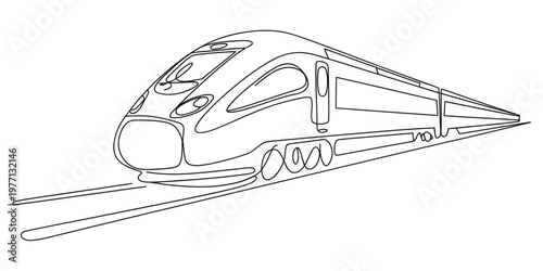 Continuous single line drawing of a modern high speed passenger train traveling along the tracks