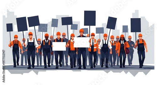 A diverse group of construction workers and manual laborers unite in a determined street protest, advocating for improved labor rights and fair conditions through collective solidarity