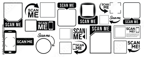 Collection of minimalist black and white scan me QR code frames, labels and icons with arrows, speech bubbles and smartphone symbols. Modern UI elements for marketing.