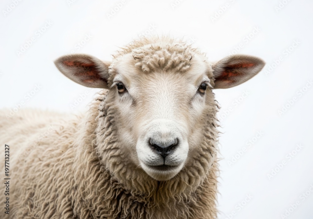 Fototapeta premium Close-up portrait of a sheep with green foliage in its wool